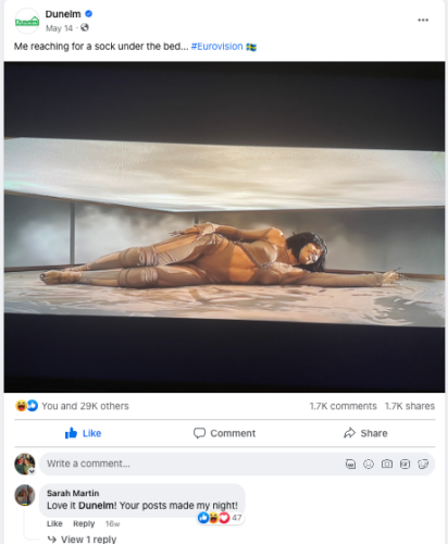A screenshot of one of Dunelm's Facebook posts. Caption says: "Me reaching for a sock under the bed... #Eurovision" Photo is of the Swedish Eurovision contestant laying down reaching outward. 