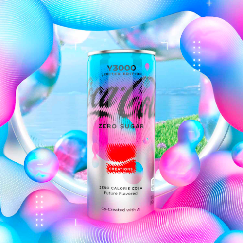 AI generated image of a Coca Cola can on a pink and blue graphic background. 