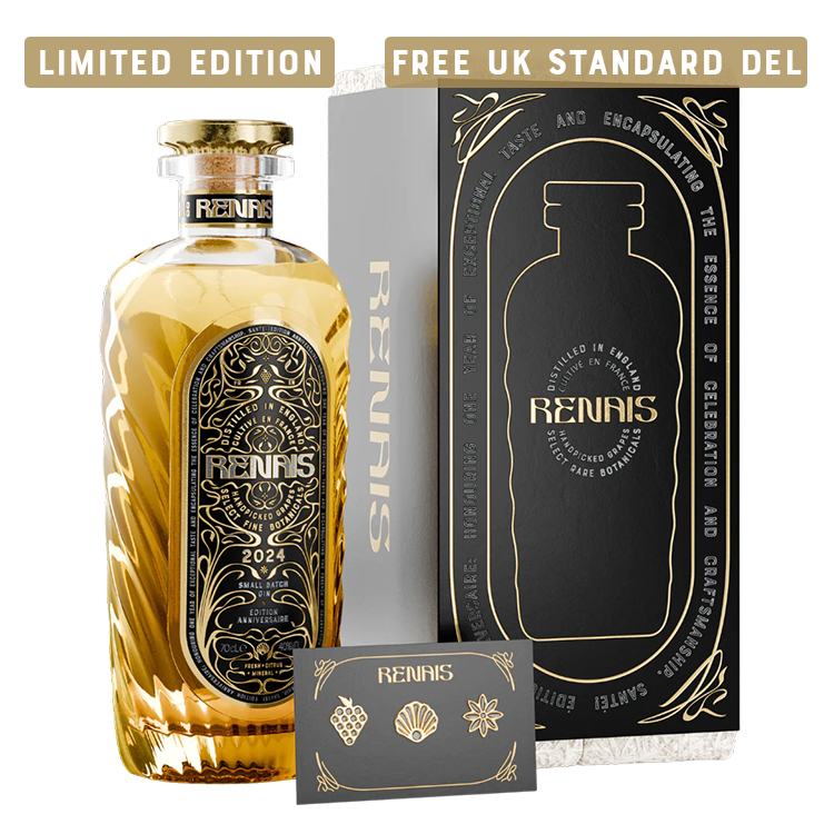 Limited edition Renais bottle with decorative box and flat card.