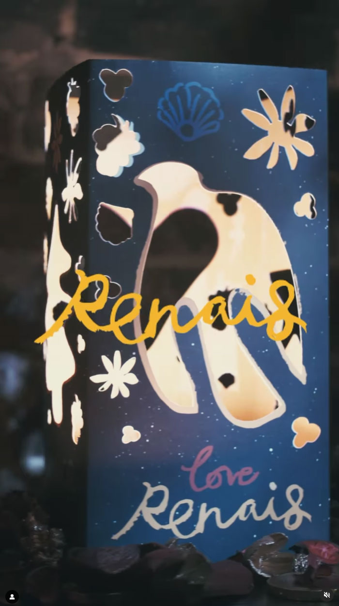 Decorative box with light inside, featuring floral cutouts and the words 'love Renais.'
