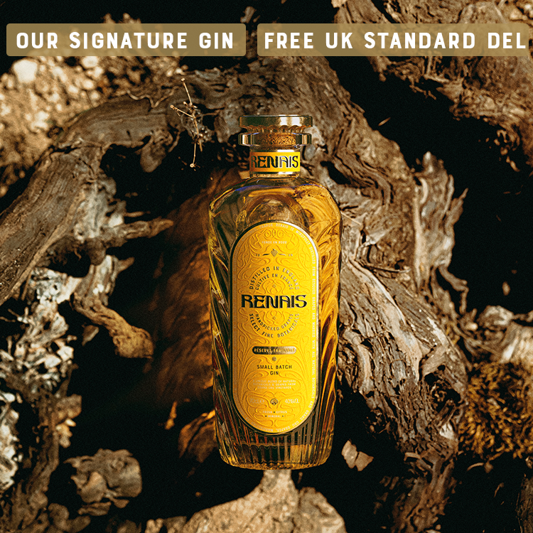 Bottle of Renais gin placed on tree bark with text highlighting free UK delivery.